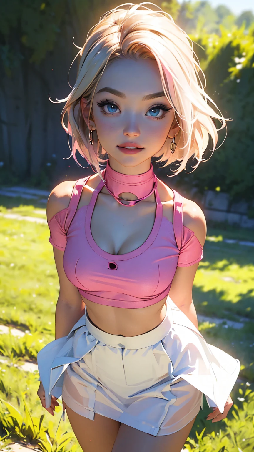 Highest Quality, ​masterpiece, beautifully detailed eyes,, short Blonde Hair, Gradient Hair, pink highlights in hair, large breasts, standing, makeup, glossy lips, full lips, (natural lighting), grass, small top, light smile, midriff, collarbone, thigh highs, miniskirt, cleavage, large breasts