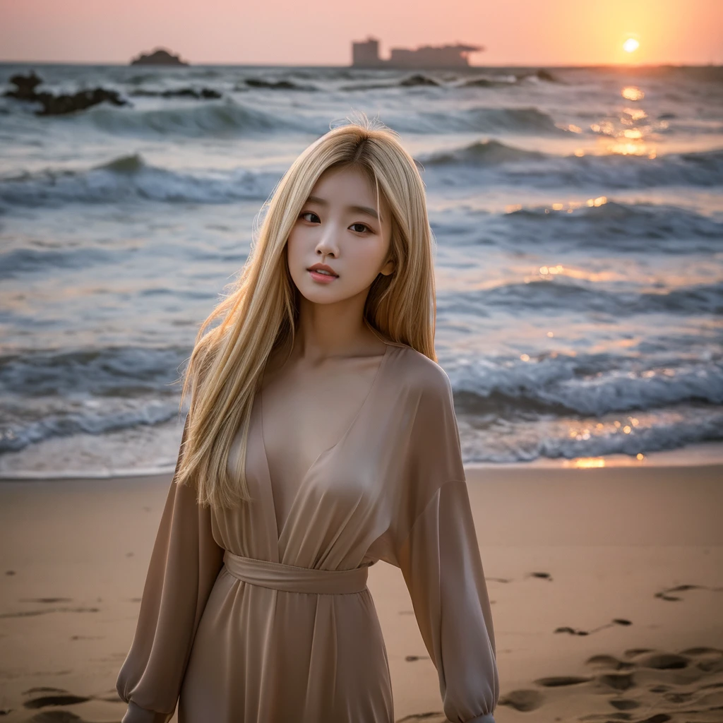 A young South Korean woman aged 24, she has a small, well-proportioned face with delicate features.
Her eyes are large and expressive, with double eyelids and a captivating gaze. Her nose is thin and well defined.
Her lips are full and well-drawn.
Her long, straight hair is a shade of blonde that matches her appearance.
Her skin is clear and smooth. Her body is of medium height and slim, with a graceful figure.
As she walks along the beachfront at sunset in Jeju, her black dress sways in the wind.