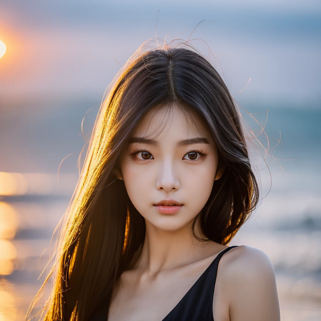 A young South Korean woman aged 24, she has a small, well-proportioned face with delicate features.
Her eyes are large and expressive, with double eyelids and a captivating gaze. Her nose is thin and well defined.
Her lips are full and well-drawn.
Her long, straight hair is a shade of blonde that matches her appearance.
Her skin is clear and smooth. Her body is of medium height and slim, with a graceful figure.
As she walks along the beachfront at sunset in Jeju, her black dress sways in the wind.