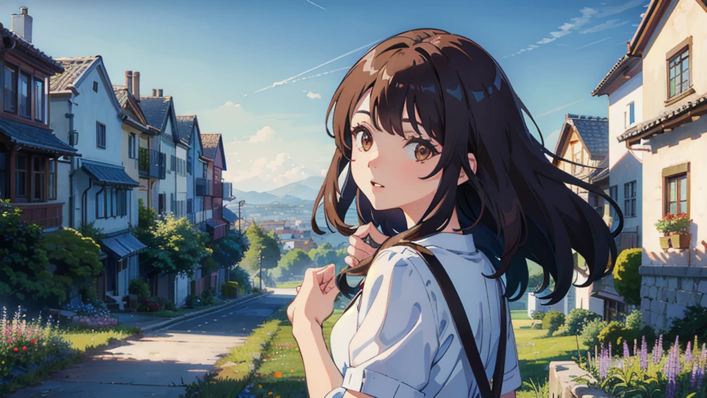masterpiece,Highest quality,One Girl,The hair color is brown, brown eyes, Kind eyes,Gradient Hair,countryside,Cityscape,night,Flowers and plants,blue sky,scenery,afternoon,Light Perception,Soft night,