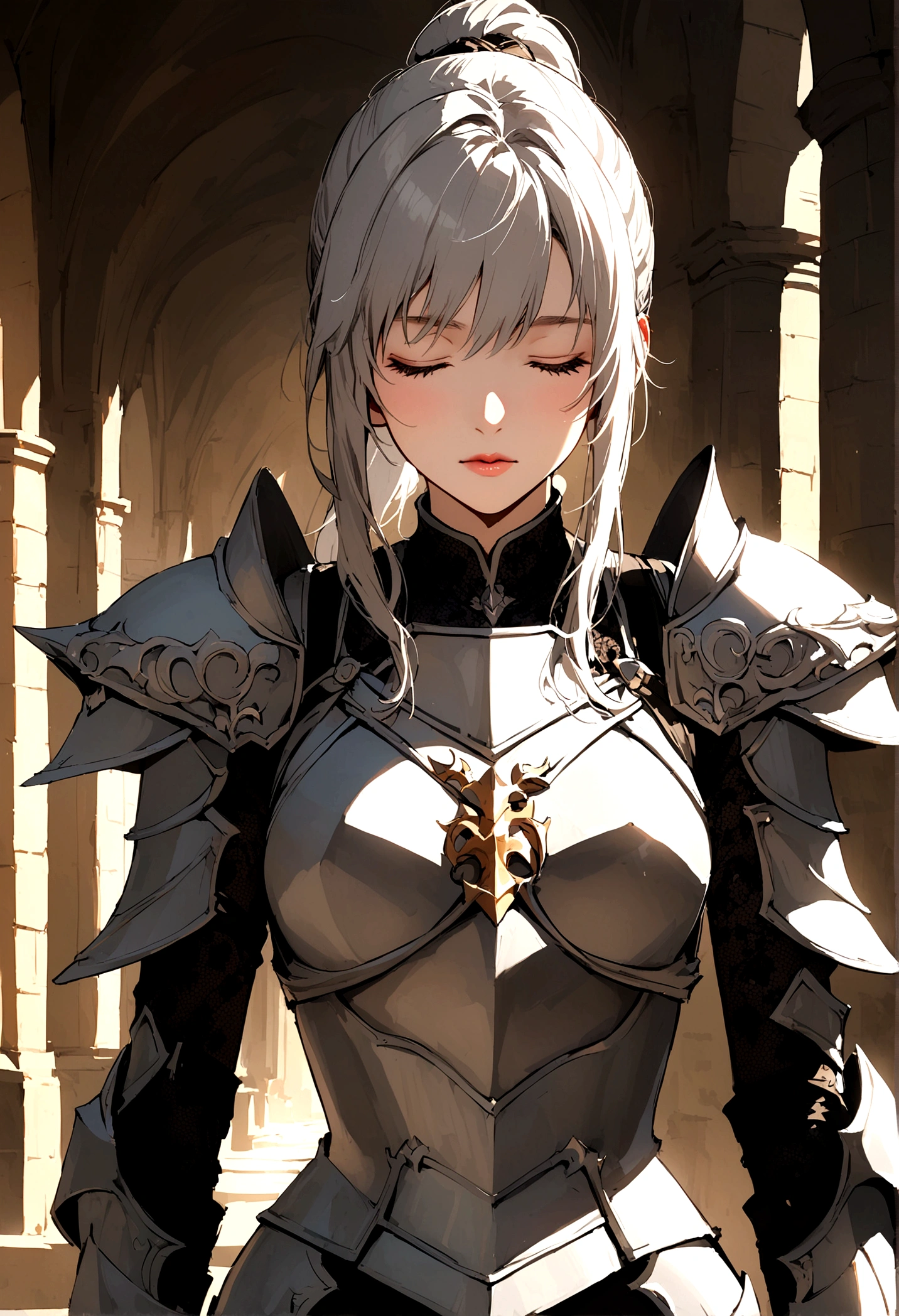 Beautiful girl knight in armor, Gray Hair, fantastic, Face your body forward like a certificate photo, shoot from front, Ponytail, Armor Girl, beautiful female knight, Female Paladin, upper body shot, drawing both arms, closed eyes