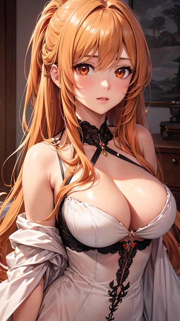 (Highest quality, High resolution, Realistic), (Upper Body:1.3),Portraiture, Elegant mature woman, Long Straight Hair,Crown Half Up,Orange eyes,Orange Hair, Aesthetic Anime Eyes,Large Breasts, Ultra-detailed CG 8k, Beautiful CG, Soft Light