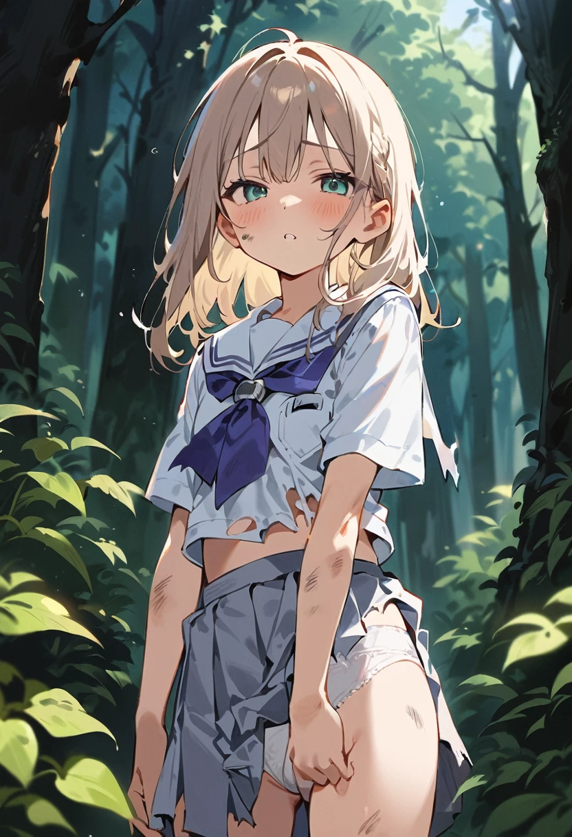 beautiful detailed girl,(masterpiece,best quality,extremely detailed:1.2),((cowboy shot:1.1)),(solo,,kawaii,slender,small breasts:1.25),(pained look:0.8),((white underwear) in ((Torn school uniform)):2),(dirty:2),blush,shy,weep,standing,(deep forest:1.5),(hug:0.4),rating: general, newest,Sexy face