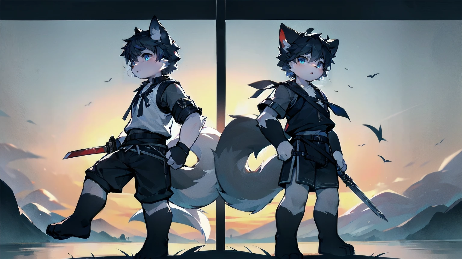 White Wolf，black hair，Sky blue eyes，hairy，Wolf ears，Wolf tail，Full body portrait，The character is in the center of the frame，Handsome，Confident eye***but，juvenile，Black and white combat uniform，Red neck bib，Black shorts，Short sleeve，hairy arms and legs，dawn，sunrise，dawn，illumination，shadow，Swordsman，Scabbard and Hold the hilt of a in your hand，The scabbard is at the waist，Highest quality,，Half body armor，Combat uniform，Silver and black clothing，Handsome，Handsome，shorts，The forearm is exposed，leg，Fighting Stance，Duel，Two people，Anxious，Armed with a sword，Simple background，Swords