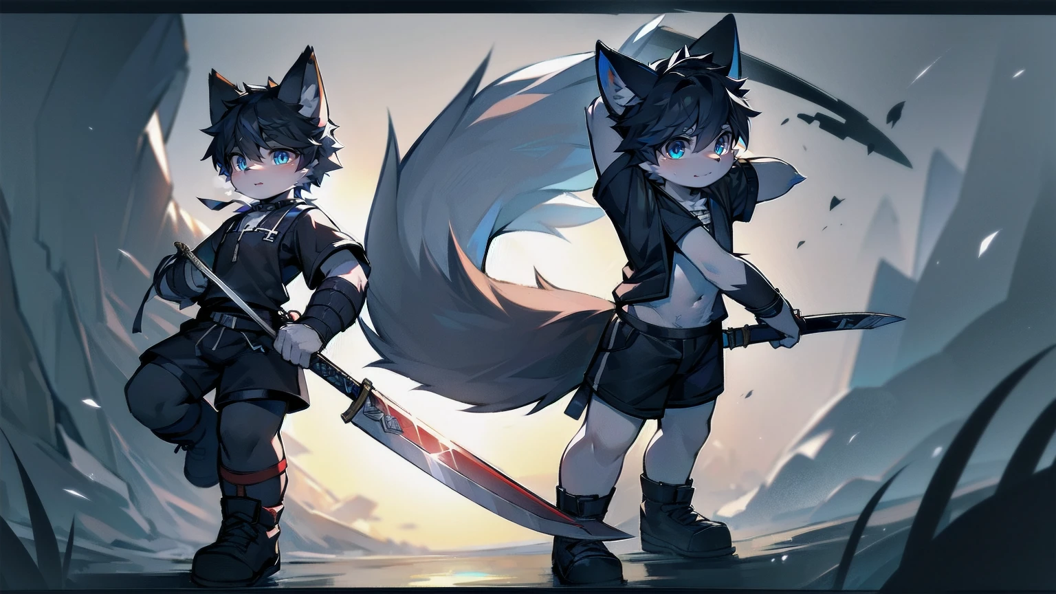White Wolf,black hair,Sky blue eyes,hairy,Wolf ears,Wolf tail,Full body portrait,The character is in the center of the frame,Handsome,Confident eye***but,juvenile,Black and white combat uniform,Red neck bib,Black shorts,Short sleeve,hairy arms and legs,dawn,sunrise,dawn,illumination,shadow,Swordsman,Scabbard and Hold the hilt of a in your hand,The scabbard is at the waist,Highest quality,,Half body armor,Combat uniform,Silver and black clothing,Handsome,Handsome,shorts,The forearm is exposed,leg,Fighting Stance,Duel,Two people,Anxious,Armed with a sword,Simple background,Swords