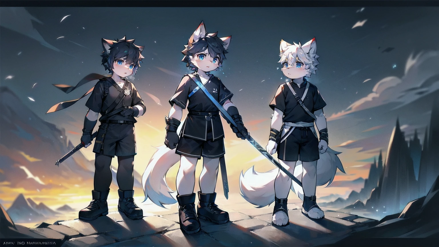 White Wolf，black hair，Sky blue eyes，hairy，Wolf ears，Wolf tail，Full body portrait，The character is in the center of the frame，Handsome，Confident eye***but，juvenile，Black and white combat uniform，Red neck bib，Black shorts，Short sleeve，hairy arms and legs，dawn，sunrise，dawn，illumination，shadow，Swordsman，Scabbard and Hold the hilt of a in your hand，The scabbard is at the waist，Highest quality,，Half body armor，Combat uniform，Silver and black clothing，Handsome，Handsome，shorts，The forearm is exposed，leg，Fighting Stance，Duel，Two people，Anxious，Armed with a sword，Simple background，Swords