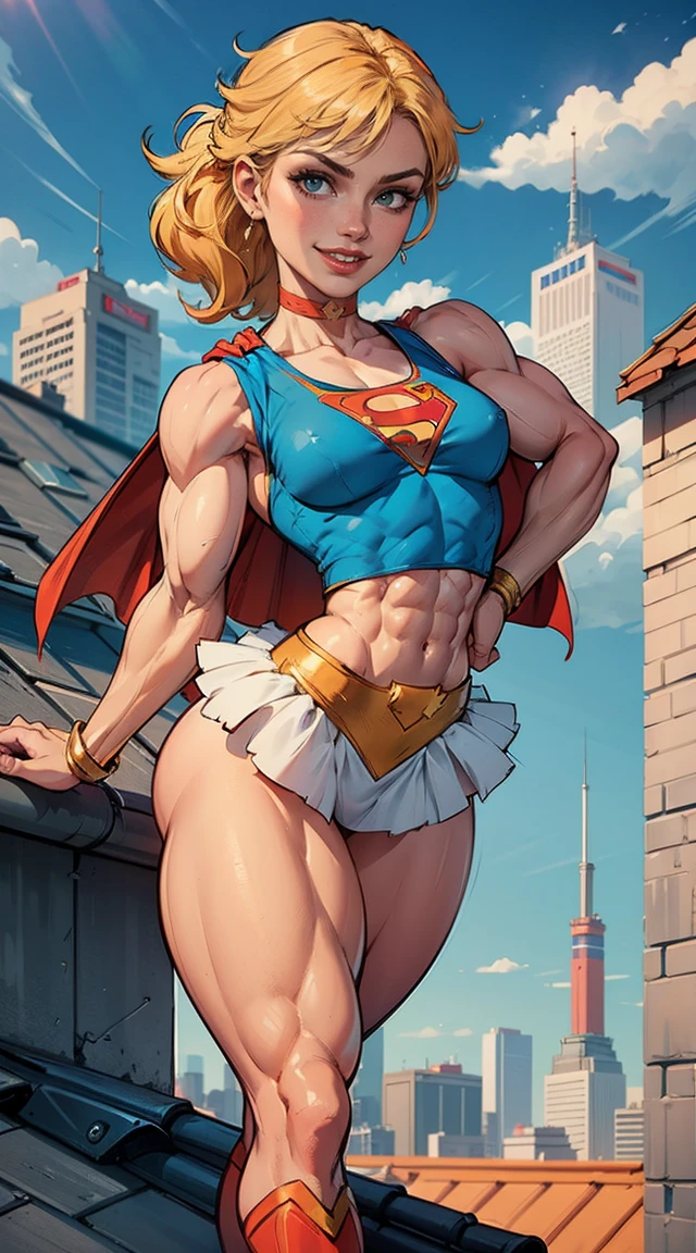 (Muscular:1.9), (thick thighs:1.8),
(blonde female), (supergirl:1.5), (big smile:1.7), (blunt bangs), (ponytail:0.8),
earrings, lipstick, eyeshadow,
hard nipples, (small breasts:2),
(blue sleeveless tanktop, midriff, tutu:1.9), (small cape:1.3), (choker:1.2), (active pose:1.5),
looking at viewer, three quarter view, (upper body view),
(rooftop, skyline background:1.3), rim lighting, two tone lighting, dim lighting, bokeh, detailed skin, detailed eyes
