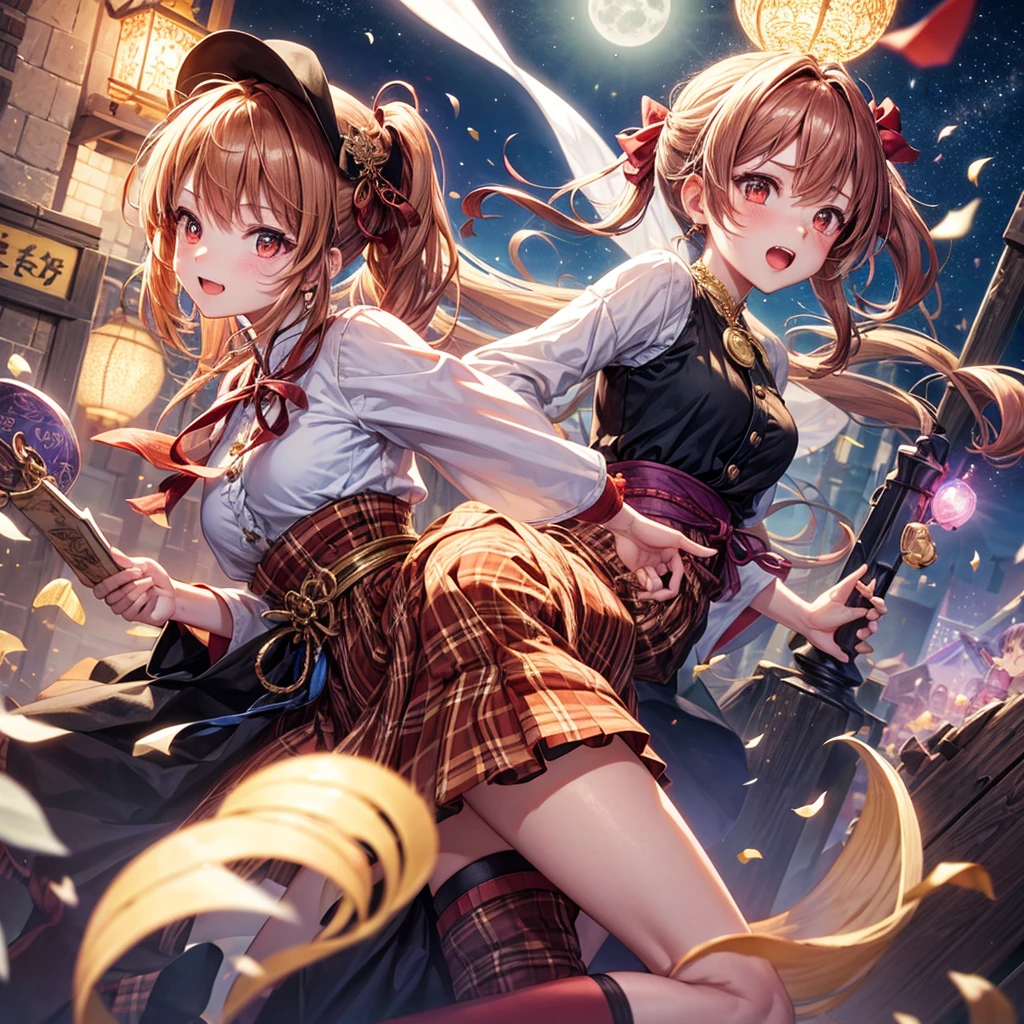 Pink, red, brown, gold, gold hair、Red gold eyes、Hair tied up、One good looking girl、solo、anime、Checkered mini skirt、Ruffles on the skirt、Checked dress、blouse、Kimono、Black knee-high socks、Ribbon、Ribbon on waist、Teeth are visible、Sparkly Necklace、From above、Cobblestones、waterfall、Starry Sky、Midnight Moon、suspension bridge、beam、Standing still、Transparent、Dragon flying、goddess、Edo、Confetti、Kicking、Ancient City