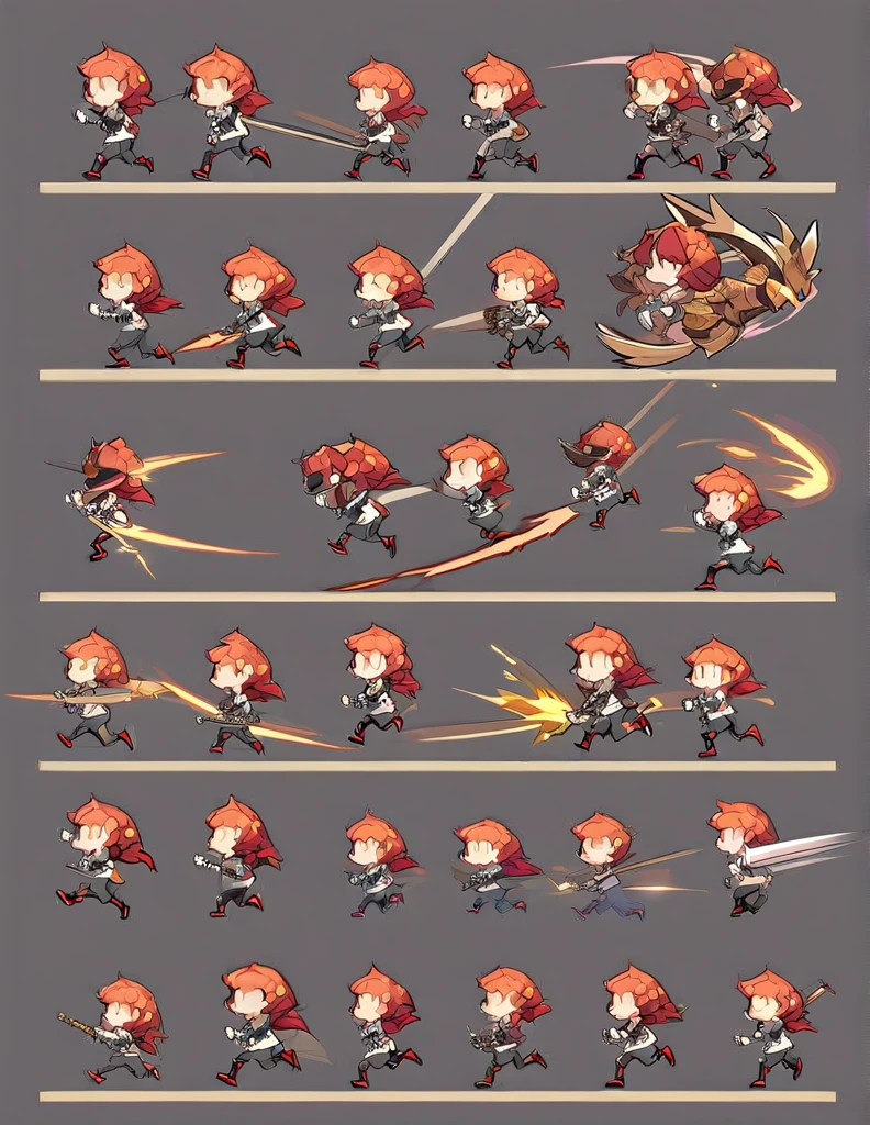 Create a sprite sheet for character animations that includes frames for movement, running, jumping, sword attack, spear attack, and bow attack. of an hudied assasin , clear art , hd quality, frame by frame