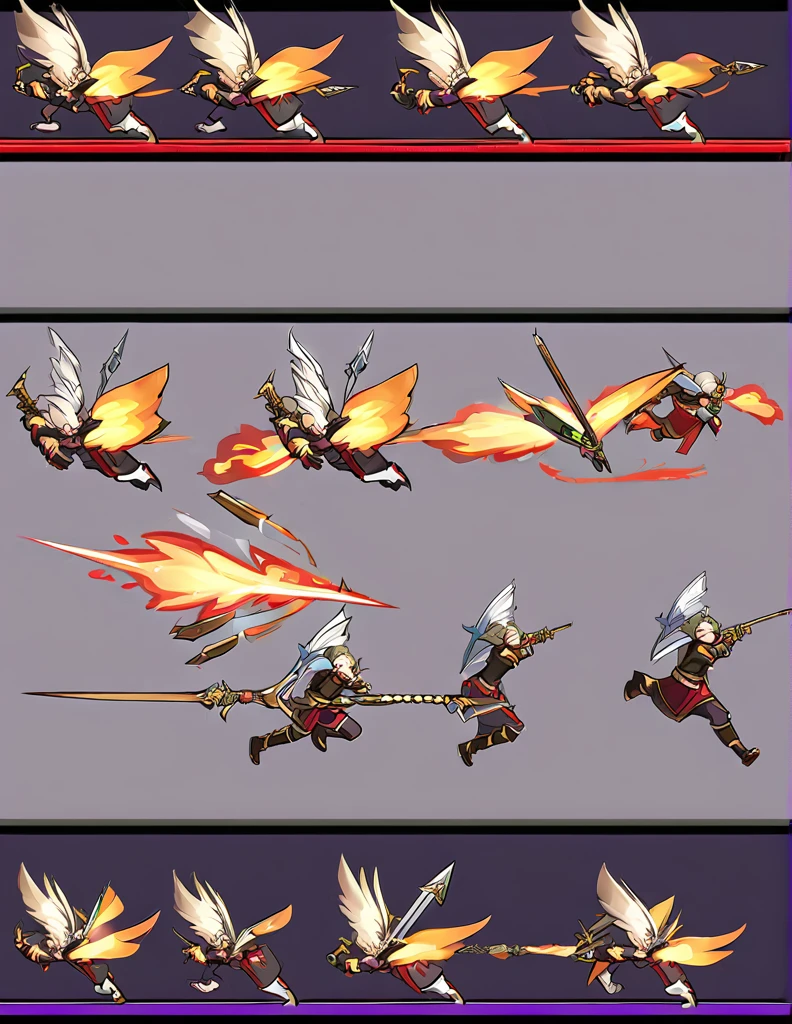 Create a sprite sheet for character animations that includes frames for movement, running, jumping, sword attack, spear attack, and bow attack. of an hudied assasin , clear art , hd quality, frame by frame