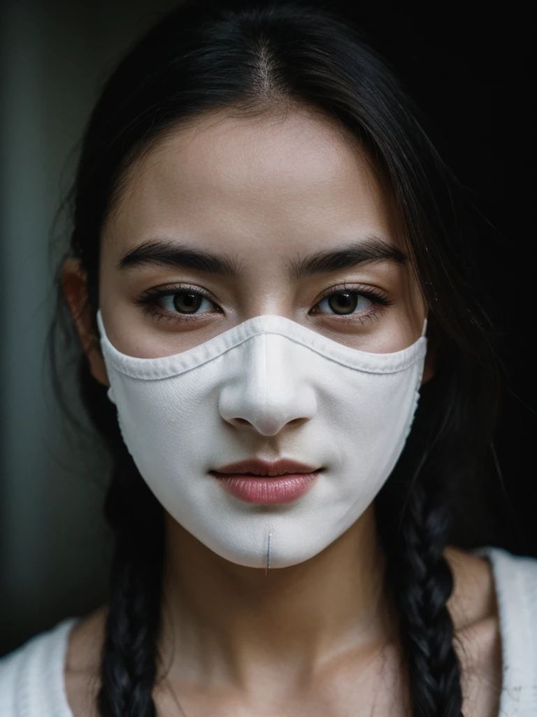 hdr, , closeup, intricate details, hyperdetailed, cinematic, dark shot, muted colors, film grainy, soothing tones, muted colors, technicolor, (muddy:0.6), mask face, women, bold, close to camera, only face, white skin, white light, front to camera