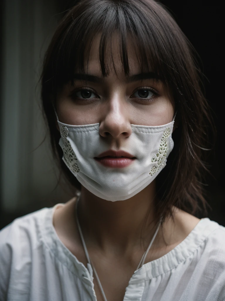 hdr, , closeup, intricate details, hyperdetailed, cinematic, dark shot, muted colors, film grainy, soothing tones, muted colors, technicolor, (muddy:0.6), mask face, women, bold, close to camera, only face, white skin, white light, front to camera