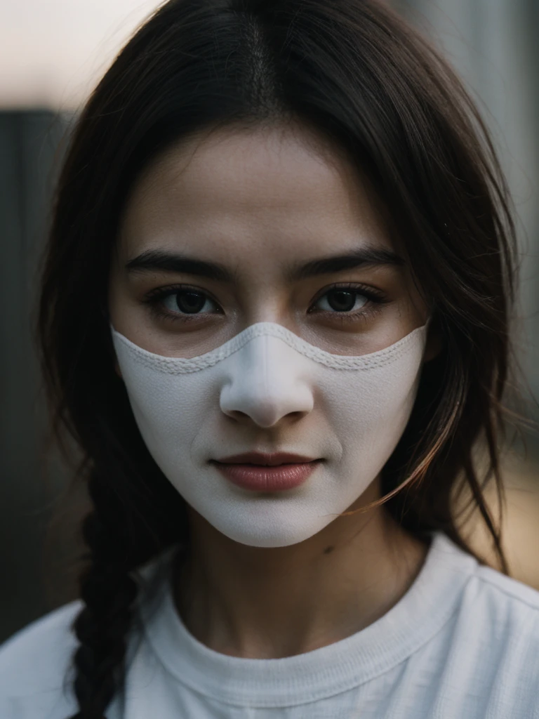 hdr, , closeup, intricate details, hyperdetailed, cinematic, dark shot, muted colors, film grainy, soothing tones, muted colors, technicolor, (muddy:0.6), mask face, women, bold, close to camera, only face, white skin, white light, front to camera