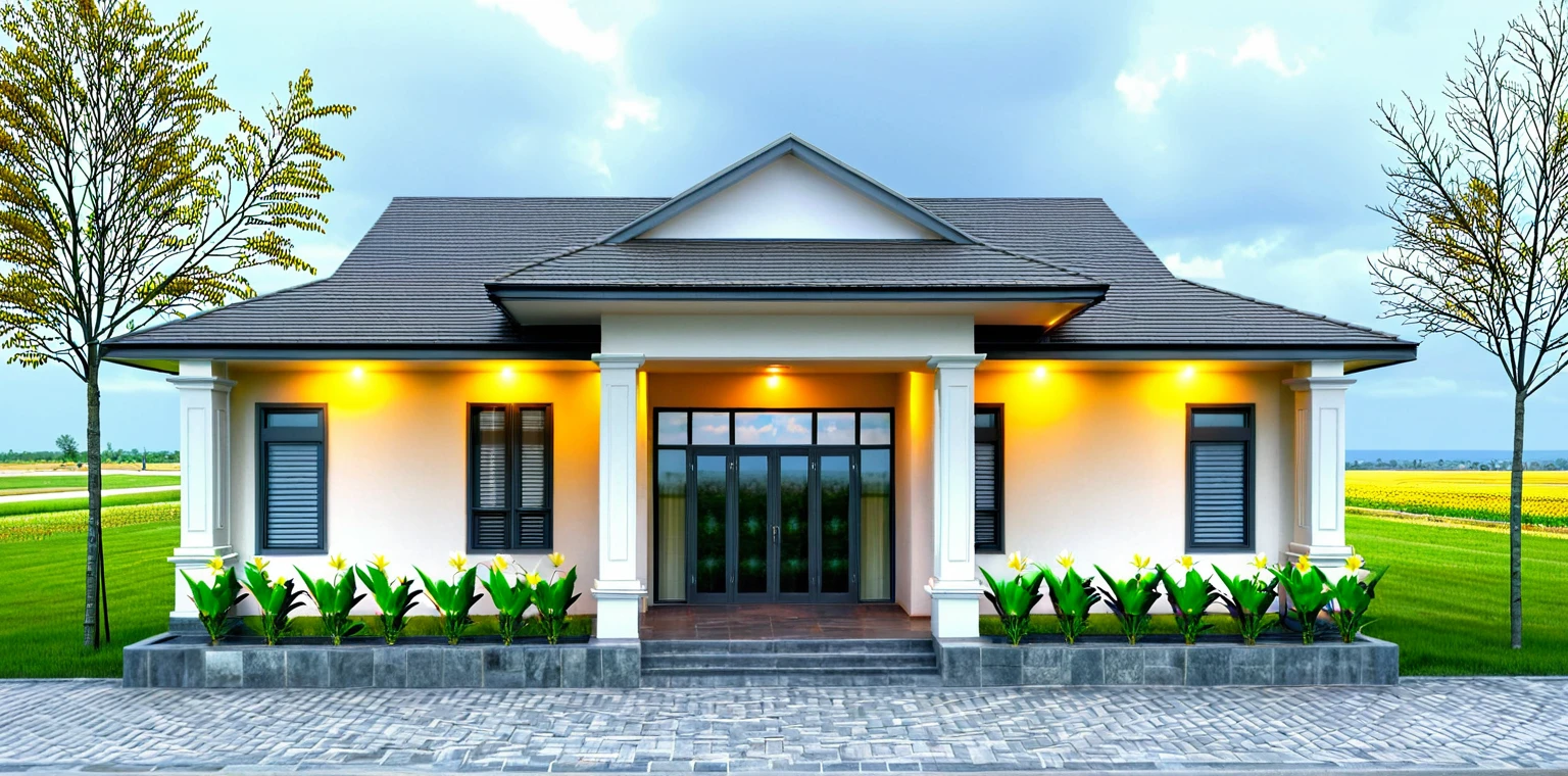 1-STORY HOUSE, FLAT TILE ROOF, MODERN ARCHITECTURAL STYLE, LIGHT AFTERNOON SUN, VIEW OF HOUSE INTERIOR, INTERIOR LIGHTS, . THE FRONT HAS A WIDE YARD AND MANY GREEN TREES AROUND THE HOUSE. THE WALLS OF THE HOUSE ARE WHITE, STONE FRONT THE WALLS. DARK DOOR.
SUPER REALISTIC IMAGE EXTRACTION, HD IMAGES