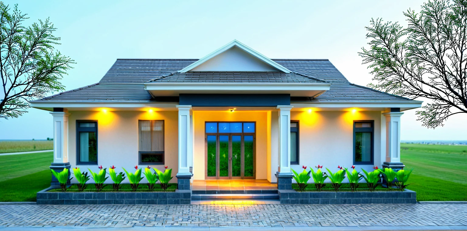 1-STORY HOUSE, FLAT TILE ROOF, MODERN ARCHITECTURAL STYLE, LIGHT AFTERNOON SUN, VIEW OF HOUSE INTERIOR, INTERIOR LIGHTS, . THE FRONT HAS A WIDE YARD AND MANY GREEN TREES AROUND THE HOUSE. THE WALLS OF THE HOUSE ARE WHITE, STONE FRONT THE WALLS. DARK DOOR.
SUPER REALISTIC IMAGE EXTRACTION, HD IMAGES