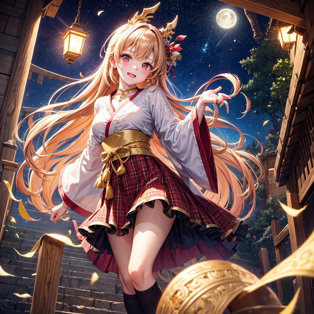 Pink, red, brown, gold, gold hair、Red gold eyes、Hair tied up、One good looking girl、solo、anime、Checkered mini skirt、Ruffles on the skirt、Checked dress、blouse、Kimono、Black knee-high socks、Ribbon、Ribbon on waist、Teeth are visible、Sparkly Necklace、From above、Cobblestones、waterfall、Starry Sky、Midnight Moon、suspension bridge、beam、Standing still、Transparent、Dragon flying、goddess、Edo、Confetti、Kicking、Ancient City