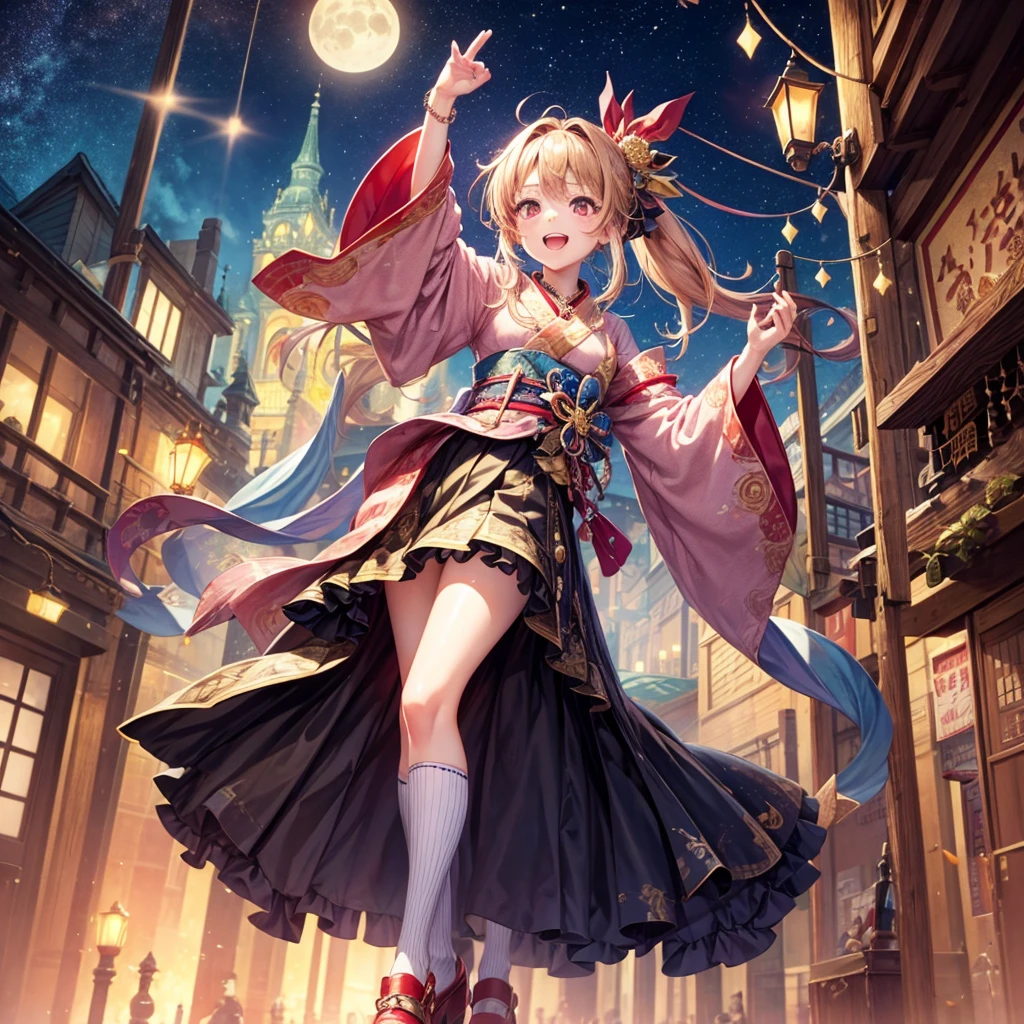 Pink, red, brown, gold, gold hair、Red gold eyes、Hair tied up、One good looking girl、solo、anime、Checkered mini skirt、Ruffles on the skirt、Checked dress、blouse、Kimono、Black knee-high socks、Ribbon、Ribbon on waist、Teeth are visible、Sparkly Necklace、From above、Cobblestones、waterfall、Starry Sky、Midnight Moon、suspension bridge、beam、Standing still、Transparent、Dragon flying、goddess、Edo、Confetti、Kicking、Ancient City