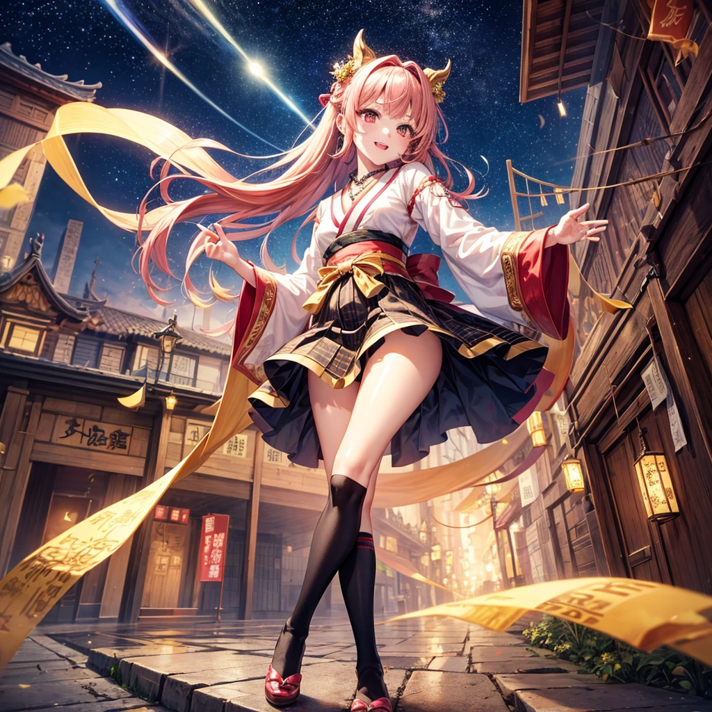 Pink, red, brown, gold, gold hair、Red gold eyes、Hair tied up、One good looking girl、solo、anime、Checkered mini skirt、Ruffles on the skirt、Checked dress、blouse、Kimono、Black knee-high socks、Ribbon、Ribbon on waist、Teeth are visible、Sparkly Necklace、From above、Cobblestones、waterfall、Starry Sky、Midnight Moon、suspension bridge、beam、Standing still、Transparent、Dragon flying、goddess、Edo、Confetti、Kicking、Ancient City