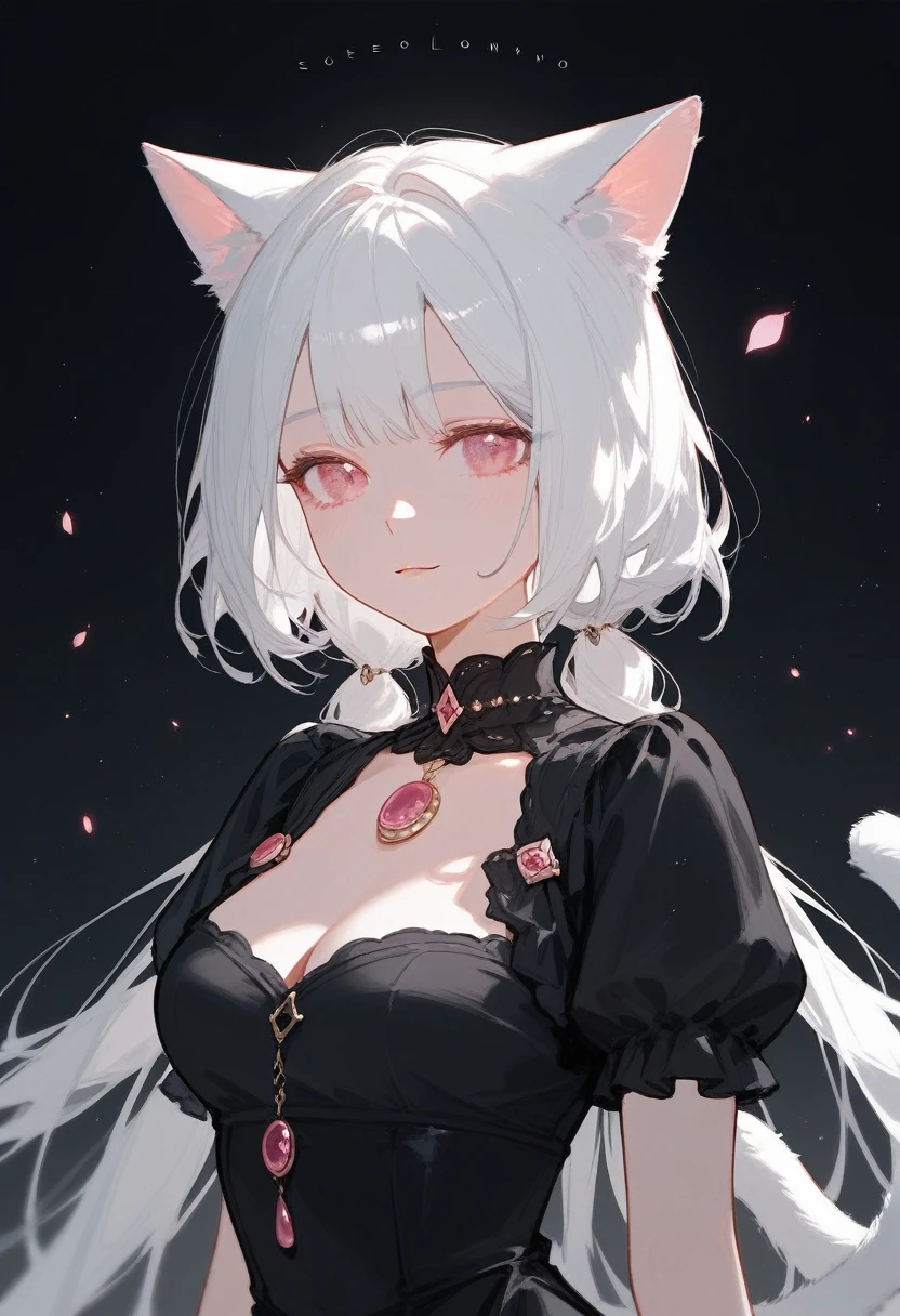 (score_9,score_8_consolation,score_7_consolation),1 woman,cat girl,white hair,pink eyes,cat ears,cat tail,black dress,beautiful_face,A hand that becomes a cat's paw