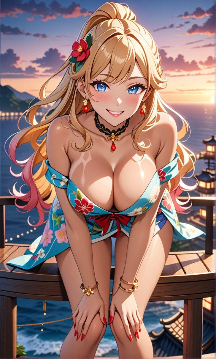 ultra-detailed, ((one girl)), (tan skin improved:1.4),(tanlines:1.3), (sweat skin), (heavy makeup:1.3), hyper detailed, absurdres, 8K, Beautiful Face, (Laugh shyly), ((teasing smile:1.8)),((Wink:1.7)), (Laugh with your mouth wide open),((Tilt your head:1.6)), View your viewers, ((Bright red cheeks:1.6)),Glossy Red Lips, ((Big Breasts:1.5)), ((show off breast:1.4)), ((nipples)), ((Fold your arms under your chest:1.3)), night, An observation deck overlooking the sea, (Brighten your face), ((Anime style background)),masterpiece, Highest quality, so beautiful,Latest, Complex details, (Pink long nails), (nail art), (ring),(bracelet), (Floral Choker),AI-generated, Complex,High resolution, Highest quality, super high quality,3D Images、3D Images,One person,Yellow long hair,(High Ponytail), (wavy hair:1.3), Anime woman posing for a photo, ((Fine grain、blue eyes、glowing eyes:1.4)), (Squint your eyes:1.1),a hyperRealistic , hyperRealistic , Realistic,Anime woman with long yellow hair, Smooth anime CG art, A girl in a gorgeous pastel-colored kimono, ((undressing)), ((Pastel-colored furisode)),(Pink large floral pattern) ,Long flower hair ornament,Floral Earrings,Mature Body, tall,Narrow waist, ((leaning forward:1.4)),(hands on knees), (front view),