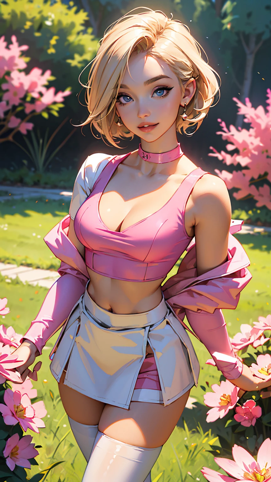 Highest Quality, ​masterpiece, beautifully detailed eyes,, short Blonde Hair, Gradient Hair, pink highlights in hair, large breasts, standing, makeup, glossy lips, full lips, (natural lighting), grass, small top, light smile, midriff, collarbone, thigh highs, miniskirt, cleavage, large breasts