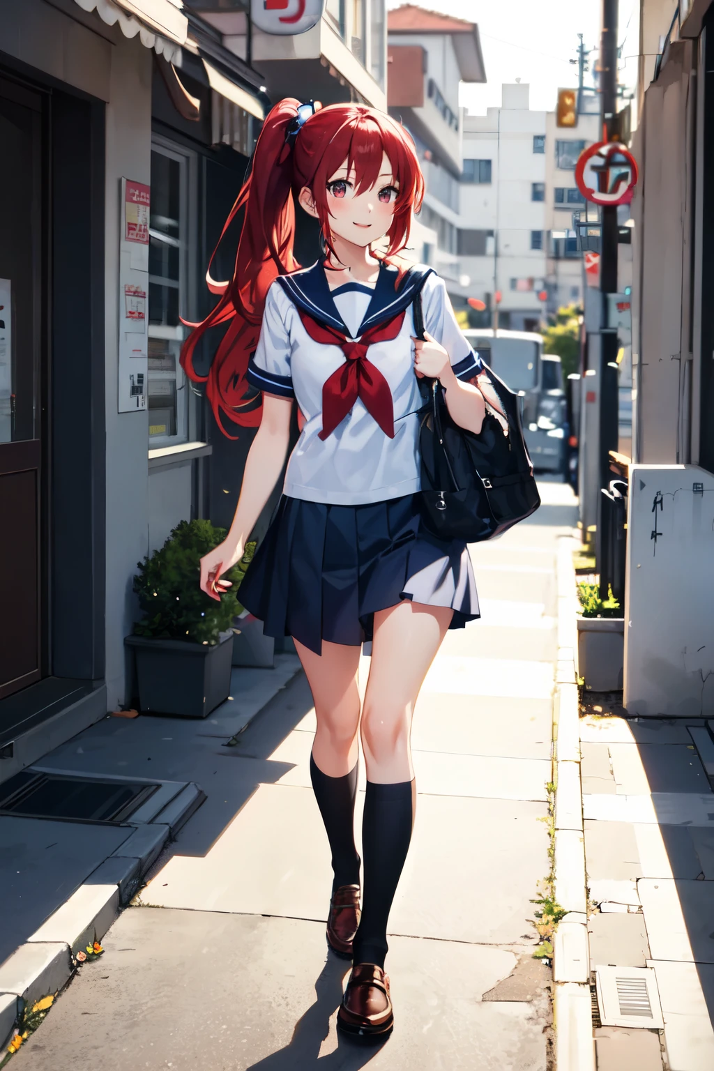 A cheerful anime girl with long, flowing red hair styled in a ponytail is walking home from school. She wears a sailor uniform.