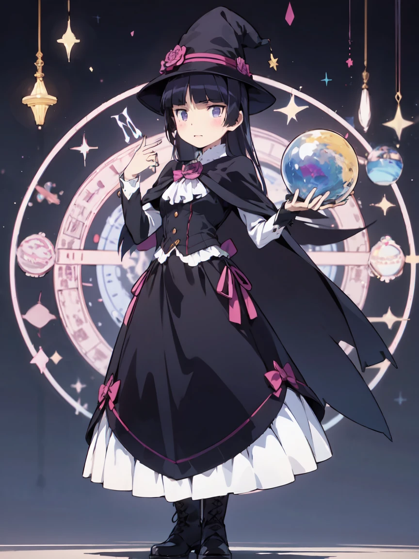 (masterpiece, Highest quality:1.1), (astrologer), 1 Girl, alone, witch hat, gloves, dress, Black Costume、(Long skirt)、Frills, boots, Cape,  witch, (ruri gokou), Crystal Ball, magic circle, Shining Star, meteor, universe, magical energy, Vision of the future, Prophecy, 