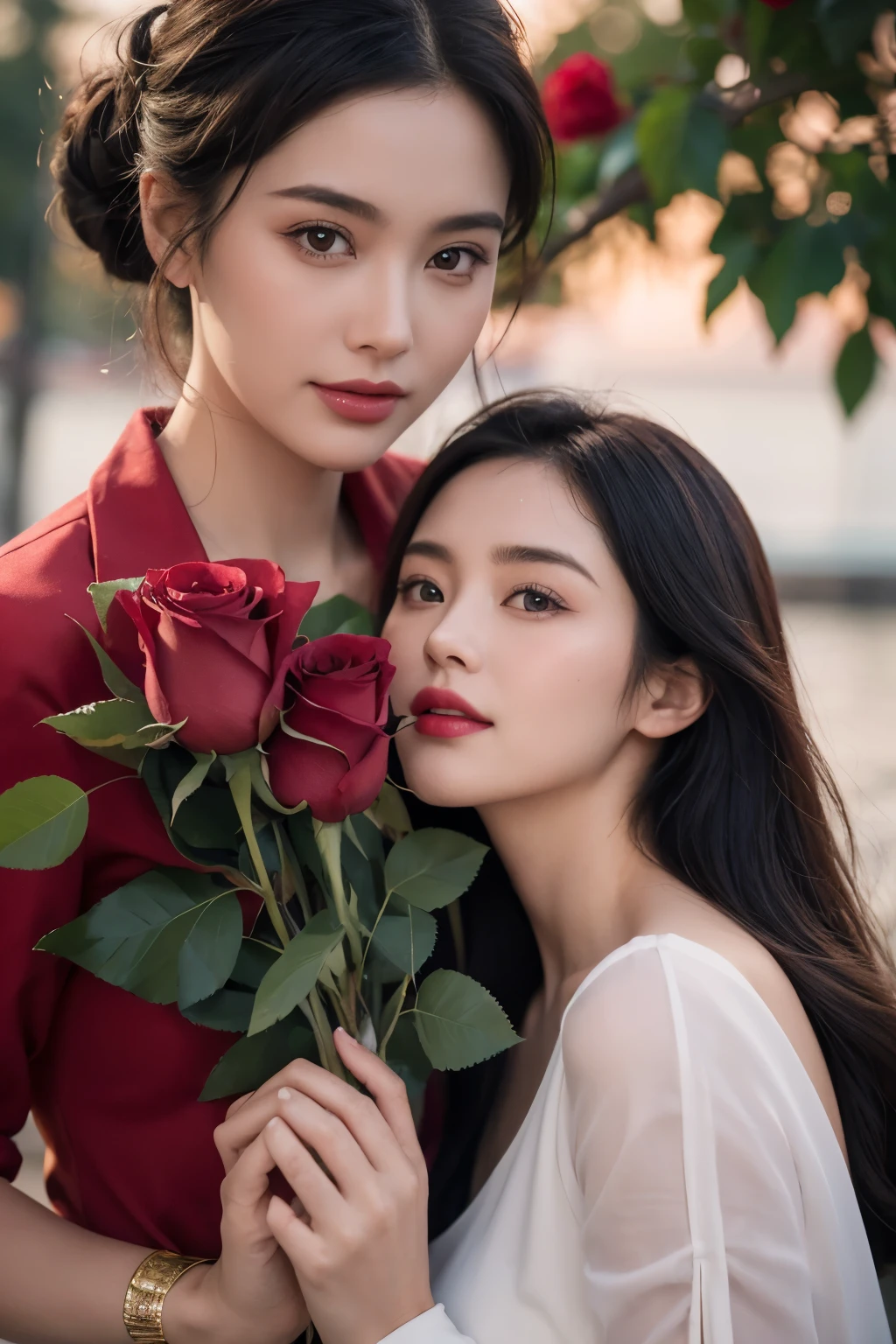 masterpiece, hyperdetailed face, realistic teeth and superdetailed big eyes, two woman holding a rose in her hand standing ferry in Saigon river background with clean air and pure river water see bottom, gorgeous two beauty woman smile actractive and pink mini rose in hair, beautiful retro art, holding red and green roses, vintage noir, artstyle tom bagshaw, gorgeous art, by Mark Brooks, red and golden and magenta roses, beautiful artwork, by Glen Angus, UHD, 48K