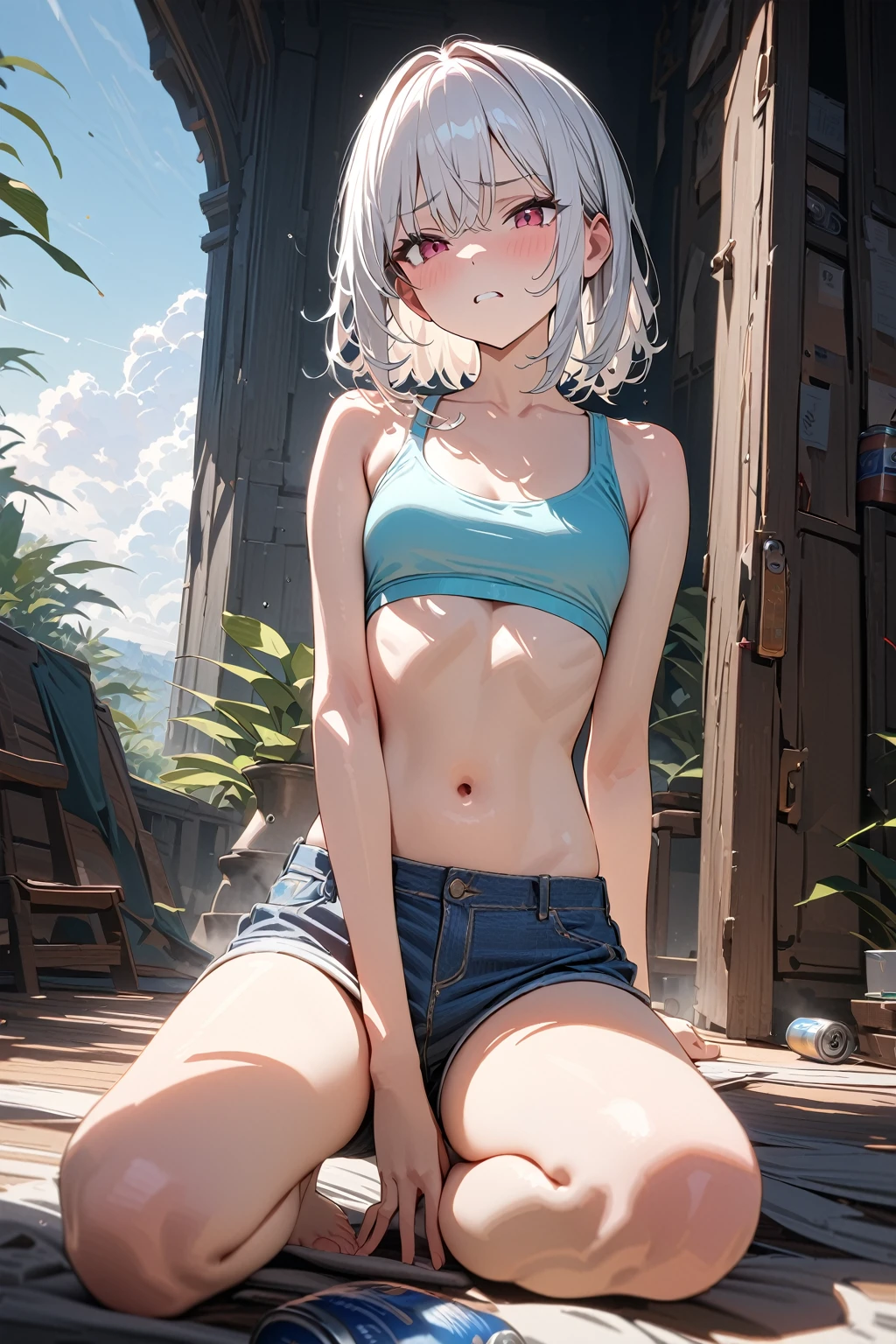 (masterpiece, best quality:1.5), (ultra detailed, high resolution, 8k, beautiful detailed, UHD, best anatomy), white hair, small breasts, 1 girl, barefoot, mirage caused by steam, Wandering in a mirage, crop top, troubled expression, Impatient expression, steam, can't see anything around you because of a mirage