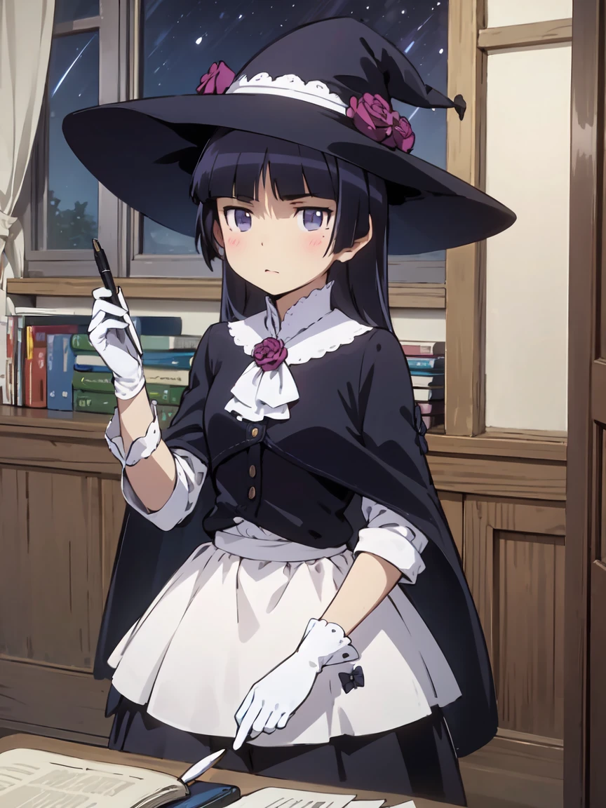 (masterpiece, Highest quality:1.1), (astrologer), 1 Girl, alone, witch hat, gloves, dress, Black Costume、((Long skirt))、Frills, boots, Cape, witch, ((ruri gokou)), Study, star position, Night Sky, Ancient, astronomy book, Astrology Tools, Star, Quill pen, Candles, Soft Light, Warmth
