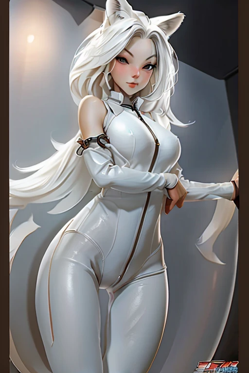 very thin foxgirl with huge round breasts, wide hips, thin legs, wide gap between thin legs, white hair, extremely tight latex bodysuit, cameltoe, water tube in vagina, large round belly