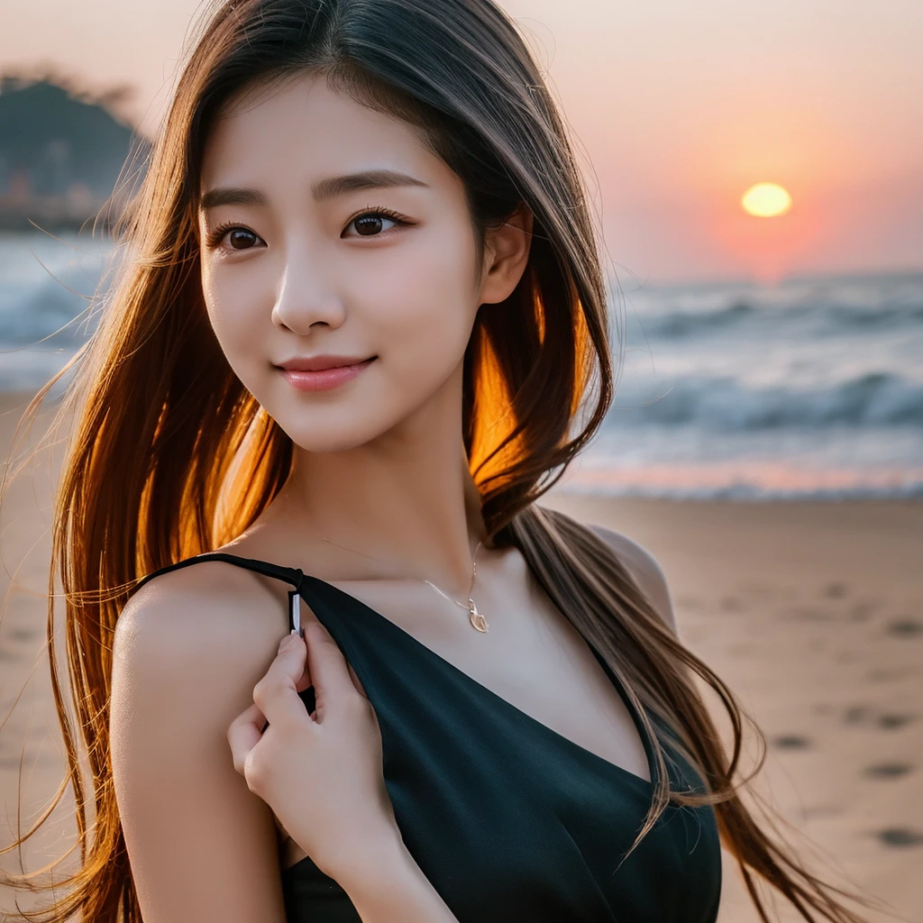 A young South Korean woman aged 24, she has a small, well-proportioned face with delicate features.
Her eyes are large and expressive, with double eyelids and a captivating gaze. Her nose is thin and well defined.
Her lips are full and well-drawn.
Her long, straight hair is a shade of blonde that matches her appearance.
Her skin is clear and smooth. Her body is of medium height and slim, with a graceful figure.
As she walks along the beachfront at sunset in Jeju with smile, her black dress sways in the wind.