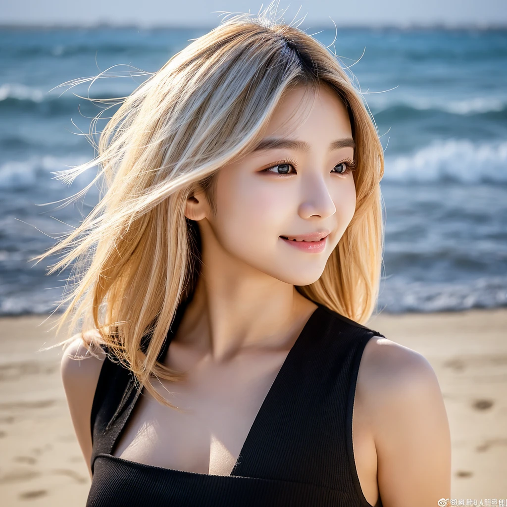 A young South Korean woman aged 24, she has a small, well-proportioned face with delicate features.
Her eyes are large and expressive, with double eyelids and a captivating gaze. Her nose is thin and well defined.
Her lips are full and well-drawn.
Her long, straight hair is a shade of blonde that matches her appearance.
Her skin is clear and smooth. Her body is of medium height and slim, with a graceful figure.
As she walks along the beachfront at sunset in Jeju with smile, her black dress sways in the wind.