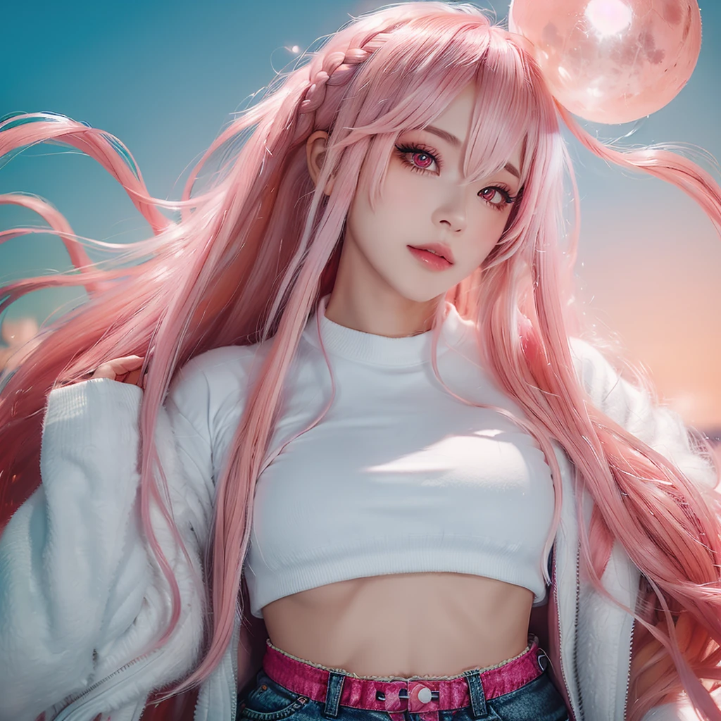 Young woman, pink eyes, long braided pink hair, pink, lots of pink, white cropped t-shirt, pink jeans, bubble gum, cotton candy, pink sky, pink moon, all is pink, beautifully lit, stunning environment, insanely detailed