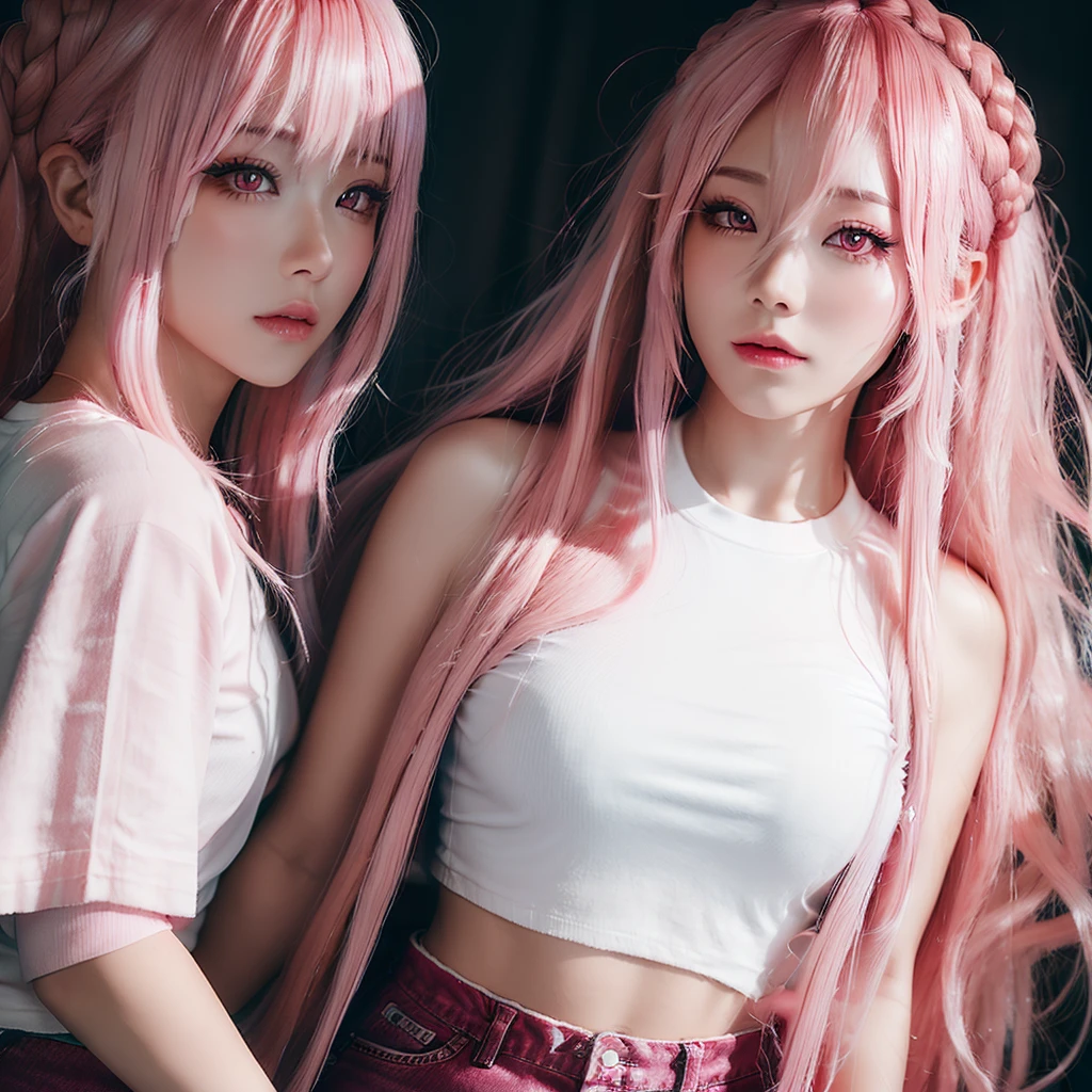Young woman, pink eyes, long braided pink hair, pink, lots of pink, white cropped t-shirt, pink jeans, bubble gum, cotton candy, pink sky, pink moon, all is pink, beautifully lit, stunning environment, insanely detailed