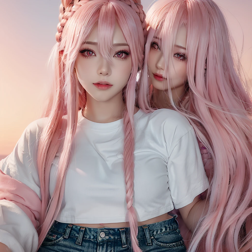 Young woman, pink eyes, long braided pink hair, pink, lots of pink, white cropped t-shirt, pink jeans, bubble gum, cotton candy, pink sky, pink moon, all is pink, beautifully lit, stunning environment, insanely detailed