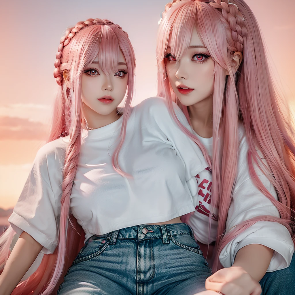 Young woman, pink eyes, long braided pink hair, pink, lots of pink, white cropped t-shirt, pink jeans, bubble gum, cotton candy, pink sky, pink moon, all is pink, beautifully lit, stunning environment, insanely detailed