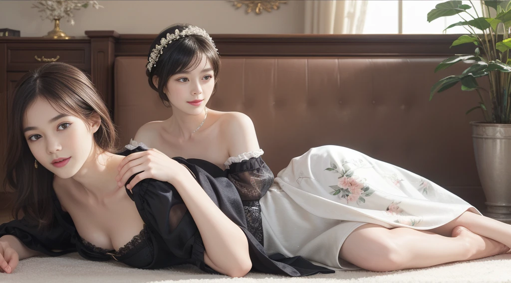 ((Best Quality))), (8K picture quality), ((Masterpiece)), (Very sophisticated、Beautiful fece), (wearing dresses) , (1womanl), (black-short-hair), Dress up, with floral pattern, Soft silk fabric, light, Gentle facial expressions, (A slight smil:1.3), ((lightand shade contrast)), Luxurious interior windowsill, ((breast)), Large dogs