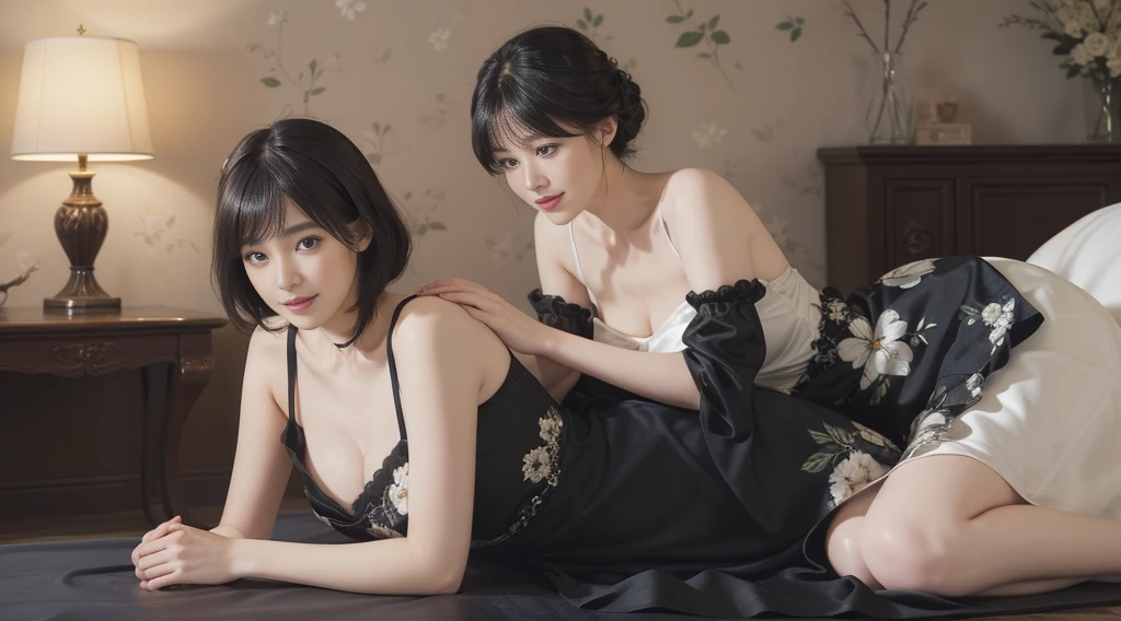 ((Best Quality))), (8K picture quality), ((Masterpiece)), (Very sophisticated、Beautiful fece), (wearing dresses) , (1womanl), (black-short-hair), Dress up, with floral pattern, Soft silk fabric, light, Gentle facial expressions, (A slight smil:1.3), ((lightand shade contrast)), Luxurious interior windowsill, ((breast)), Large dogs