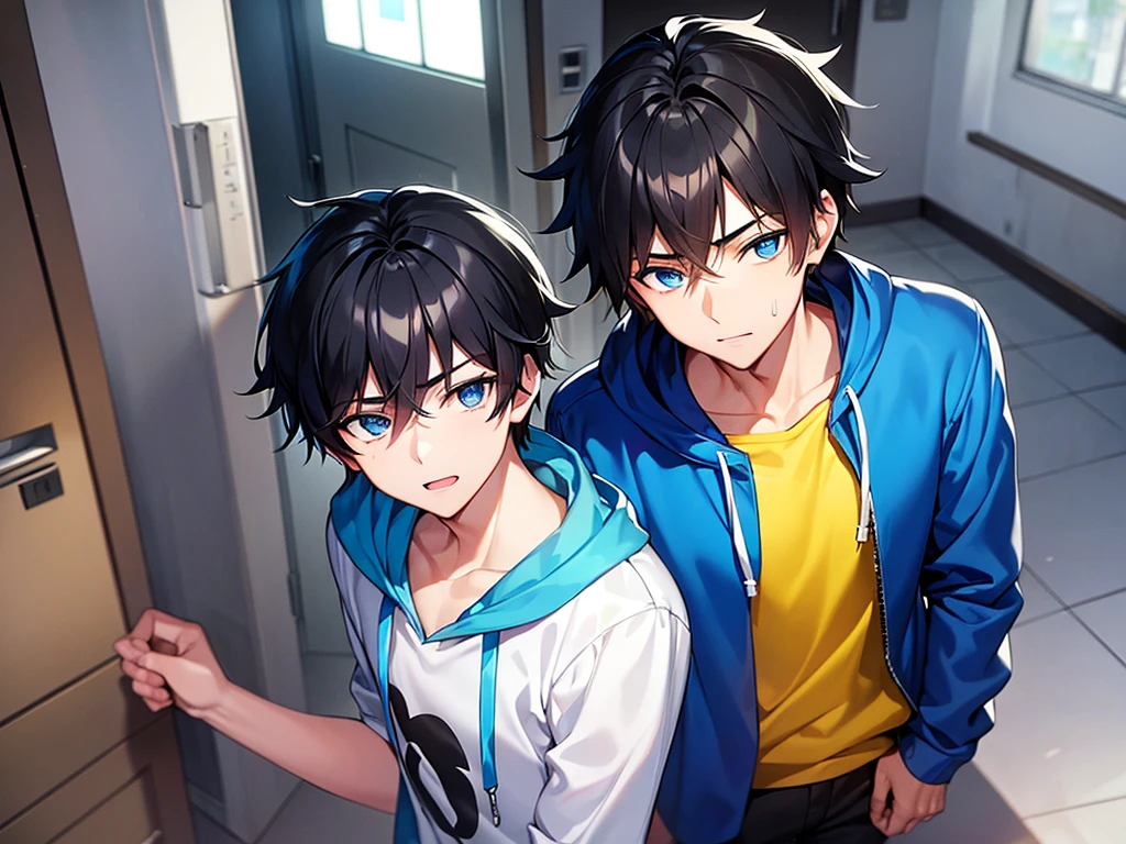 A teenage man with black hair, blue eyes, and a light yellow hoodie