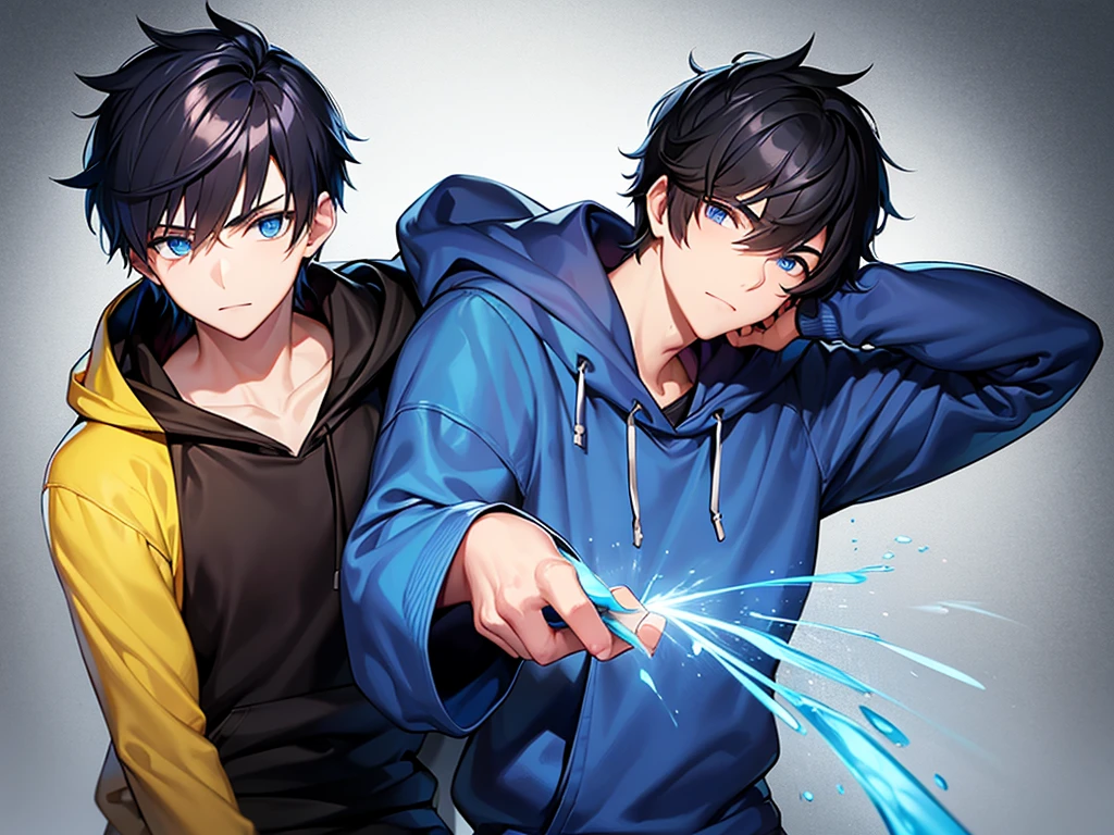 A teenage man with black hair, blue eyes, and a light yellow hoodie