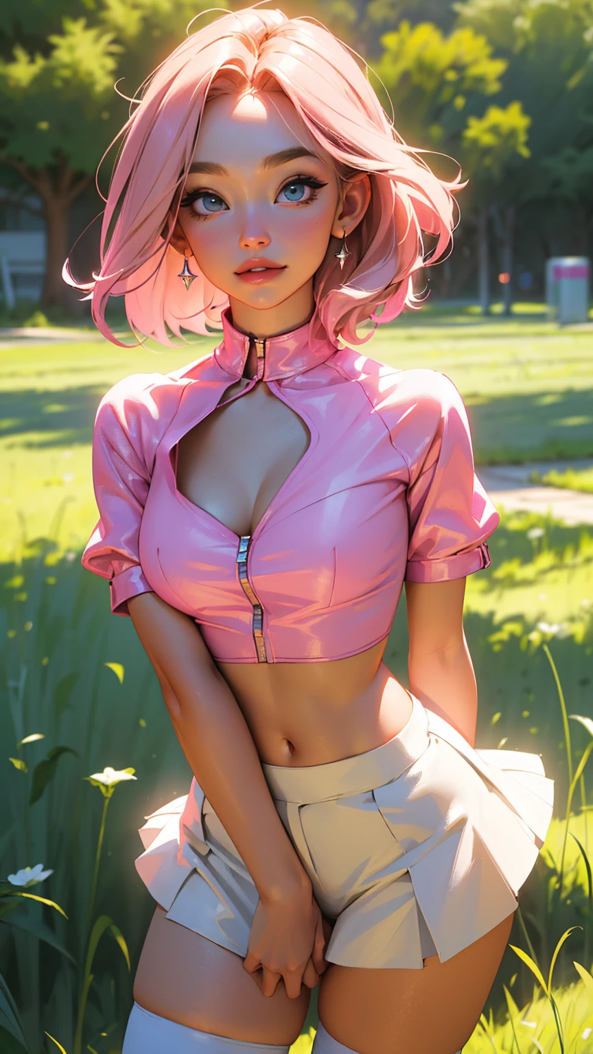 Highest Quality, ​masterpiece, beautifully detailed eyes,, short Blonde Hair, Gradient Hair, pink highlights in hair, large breasts, standing, makeup, glossy lips, full lips, (natural lighting), grass, small top, light smile, midriff, collarbone, thigh highs, miniskirt, cleavage, large breasts