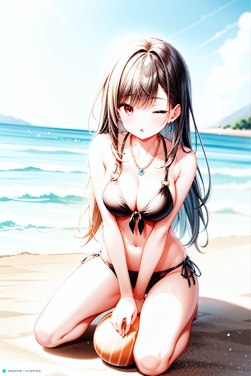 1girl,masterclass,best quality, illustration, solo, black hair, red eyes, ;o, one eyes closed,bare_shoulders,beach,blue_sky,blush,breasts,breasts_apart,cloud,front-tie_bikini_top,front-tie_top,full_body,long_hair,navel,necklace,o-ring,o-ring_bikini,ocean,on_ground,outdoors,seiza,sitting,spread legs,sky,stomach,sunlight,swimsuit