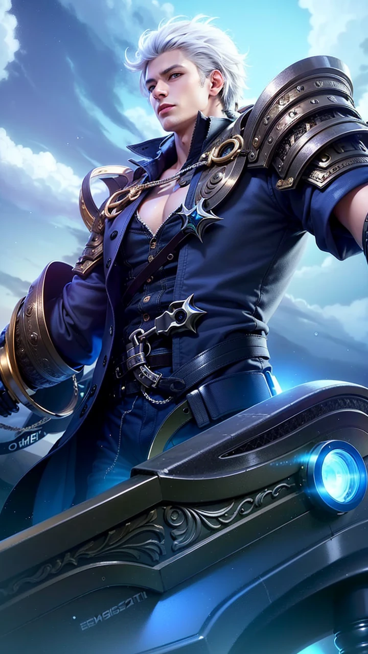 masculine male, masterpiece, ((perfect eyes)) best quality, (semirealism:1.9), beautiful lighting, (extremely detailed CG unity 4k fhd wallpaper), High Detail, Sharp focus, dramatic outdoors, 1 boy ,19 years old, white hair, light purpel eyes, smile.