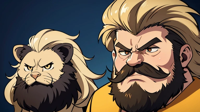 Simplistic grumpy Lion with a long face with big flowing mane and mustache logo