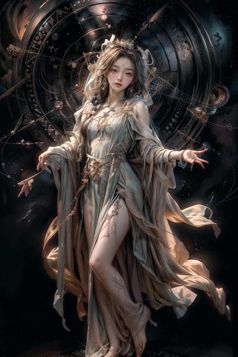 ((masterpiece, highest quality, Highest image quality, High resolution, photorealistic, Raw photo, 8K)), ((Astrologer:1.5)), Names of constellations and zodiac signs, constellations, astrology, unknown constellations, geometry and astrology, constellations, constellation Libra, very accurate and detailed, Libra, accurate and detailed, accurate depiction, numerology, very accurate, with constellation, Pisces, magical emblem, constellation, full body shot of astrologer wearing lace robe and deeply hooded,