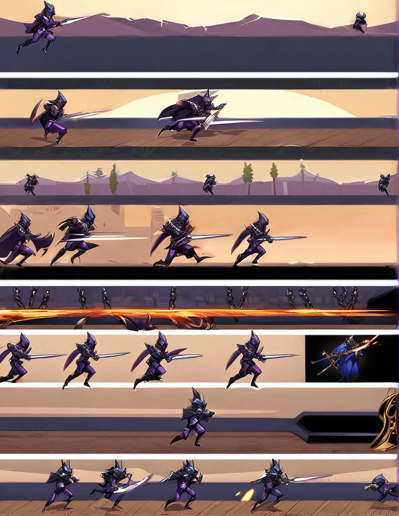 Create a sprite sheet for character animations that includes frames for movement, running, jumping, sword attack, spear attack, and bow attack. of an hudied assasin , clear art , hd quality, frame by frame , black knight