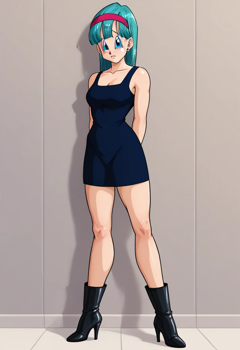 adult content, explicit content, masterpiece, best quality, 1girl, Bulma, blue hair, blue eyes, solo, looking at viewer, hyper-realistic Bulma:1.5, (full body image:1.5), (Bulmastanding up against a wall with sexy dress that shows her naked boobs:1.5), (Bulma wears high heels sexy boots:1.5), (sad expression:1.5)
