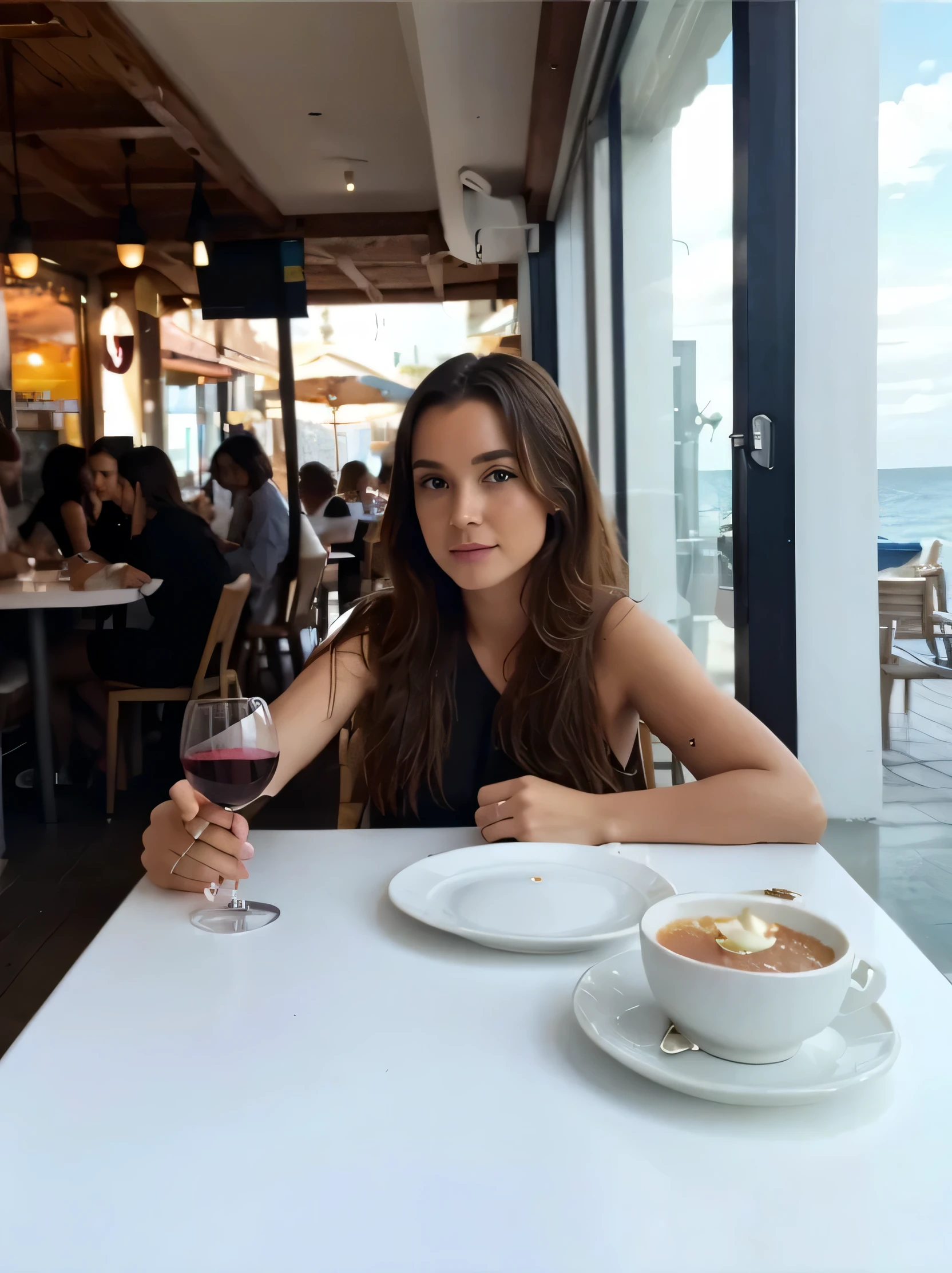 Girl at a white table with a glass of wine. Around cafes and the sea. hips. bright colors