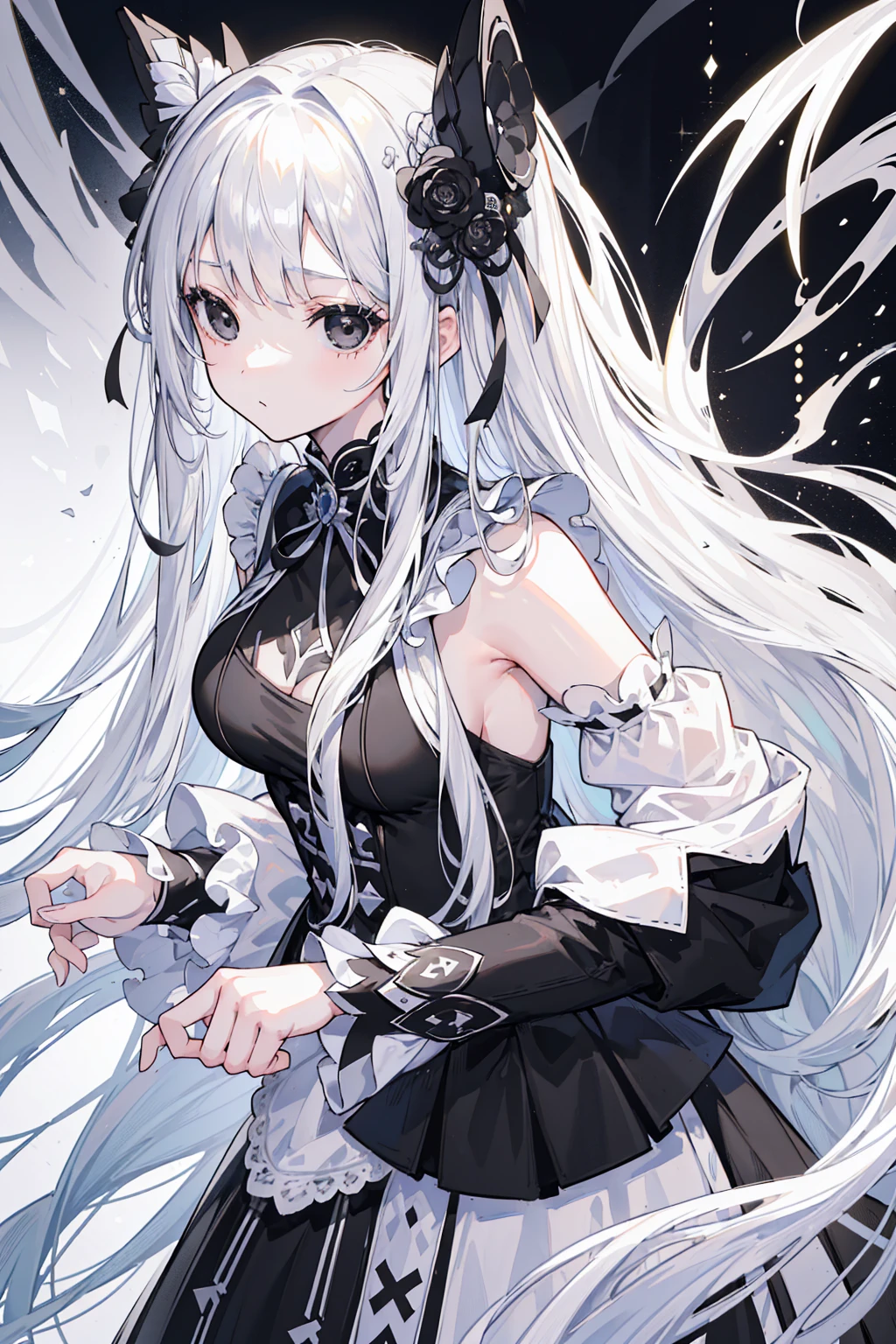 (Top image quality)、(Very detailed)、(Facing forward)、Top quality、masterpiece、(((1 名girl )))、、girl、Silver Hair、White hair、((Long hair))、Weaving、(black eyes:1.6)、(White and black cheongsam)、Hooded dress、Lots of decorations、Lots of ribbons、White Ribbon、She looked grim.、Fluffy loose hair